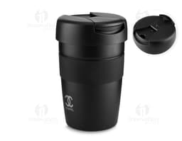 Container de metal preto com tampa de aço inoxidável, capacidade de 350ml, ideal para armazenar líquidos como café, chá ou