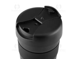 Container de metal preto com tampa de aço inoxidável, capacidade de 350ml, ideal para armazenar líquidos como café, chá ou
