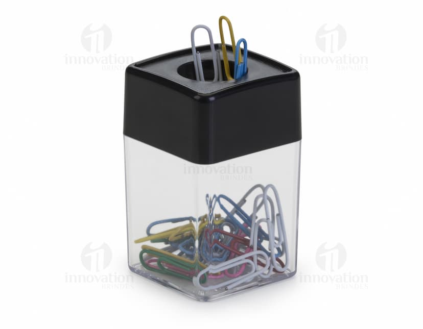 Porta clips de design moderno e funcional para manter seus clips organizados no escritório. Feito em plástico resistente e com acabamento metálico, é um item essencial para a sua rotina de trabalho. Mantenha seus papéis em segurança e seu escritório mais organizado com esse prático porta clips. Adquira já o seu!