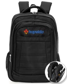 Mochila moderna de couro preto para viagens de negócios e lazer. Ideal para armazenar objetos pessoais com elegância e estilo. Perfeita para sua próxima jornada. Compre agora!