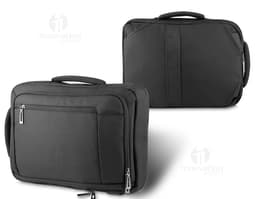 Mochila para notebook preta em couro moderna e profissional para viagens de negócios. Compartimento único com fecho de zíper