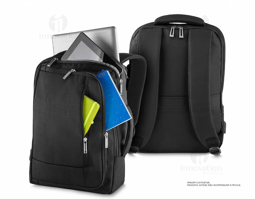 Mochila para notebook preta em couro, ideal para viagens a trabalho e negócios, com design moderno e compartimentos espaçosos. Leve, prática e resistente. Perfeita para profissionais que buscam estilo e praticidade. Garanta já a sua! #mochila #notebook #viagem #negócios