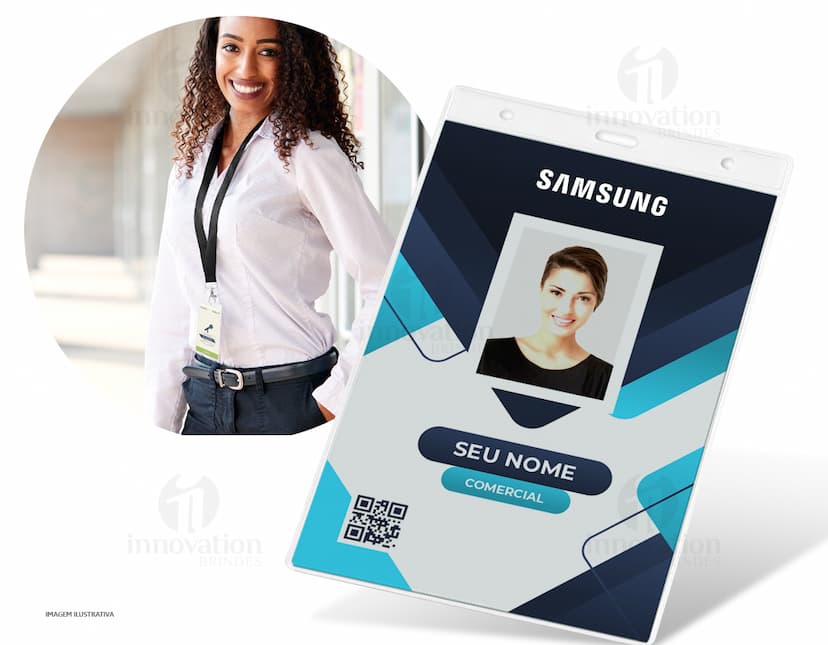 Porta Crachá de alta qualidade para sua empresa! Mantenha seus cartões de identificação sempre visíveis e organizados com este prático e elegante porta crachá. Ideal para eventos corporativos e feiras de negócios. Garanta já o seu!