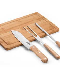 Kit Churrasco: Facas e garfos de aço inoxidável com cabo de madeira, ideais para cortar e preparar alimentos. Conjunto de utensílios de cozinha de alta qualidade para seu churrasco.