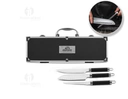 BBQ tool set with knife, scissors, and chrome-plated stainless steel skewer. Sharp and durable tools for a successful
