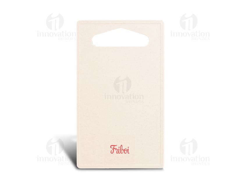 Ilustração de uma Tábua de Corte em plástico branco, design clean e vazio. Ideal para personalização com sua marca ou logo. Perfeita para uso em eventos corporativos e como brinde promocional. Compre já a sua!
