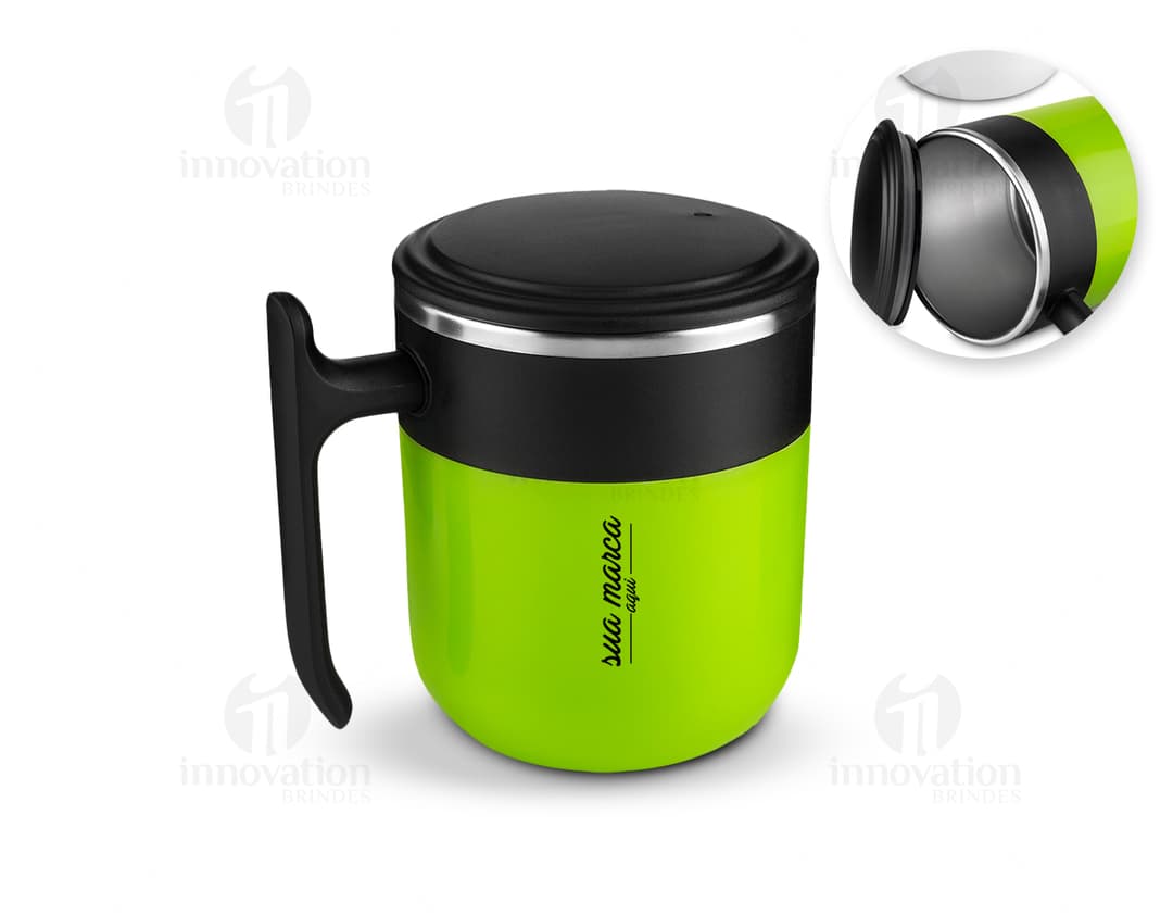 Caneca de plástico de 300ml com design moderno e alça para facilitar o manuseio. Perfeita para o seu café ou chá do dia a