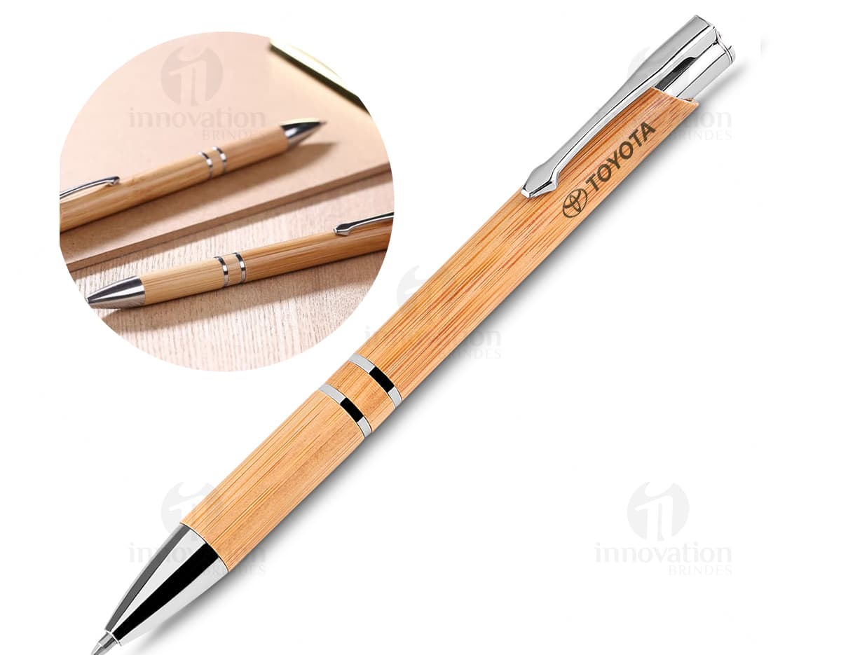 Caneta Bambu Detalhes Metal Personalizada | Brindes Personalizado