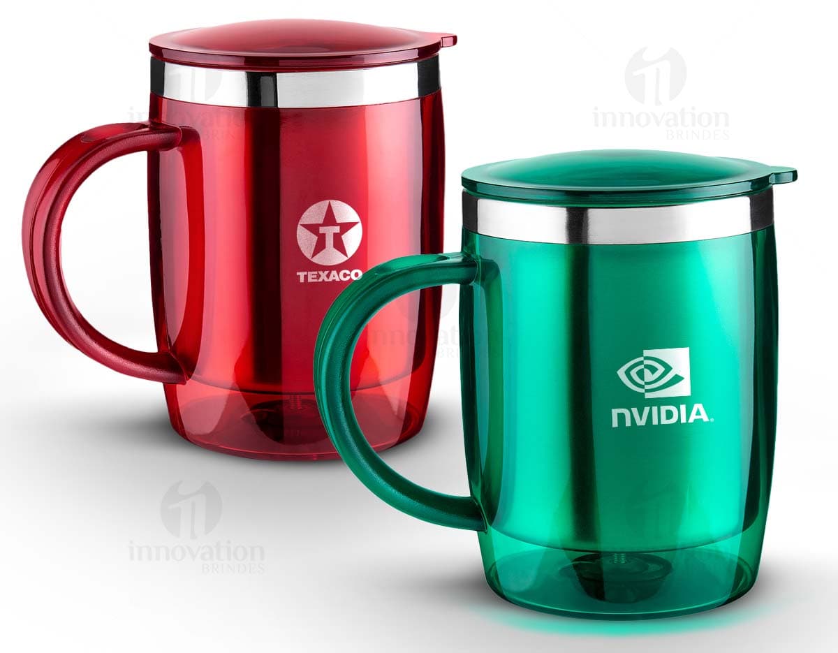 Caneca 400ml brilhante e moderna para sua bebida favorita. Feita de plástico resistente, ideal para chá e café. Perfeita para seu escritório ou desktop!