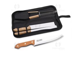 Kit Churrasco 3 Peças: Facilite seus momentos de lazer com esse conjunto de facas em aço inoxidável. Com cabo em couro e