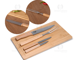 Imagem de um Kit Churrasco completo, com faca, garfo, espátula e utensílios de aço inoxidável. Ideal para churrascos e