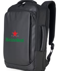 Mochila de couro sintético para notebook de 15,6 polegadas na cor preta, com alça de transporte, zíper, design elegante e moderno, ideal para viagens de negócios e passeios.