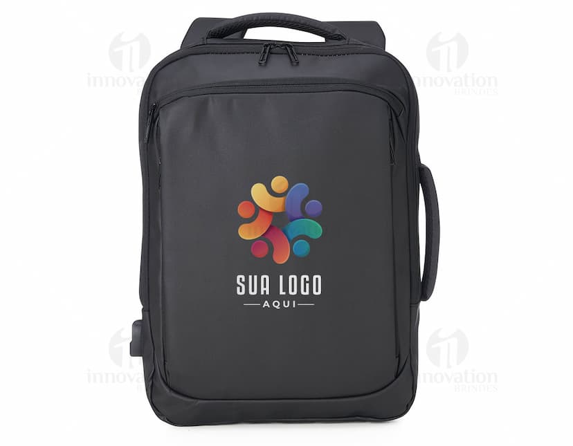 Mochila de couro sintético para notebook de 15,6 polegadas na cor preta, com alça de transporte, zíper, design elegante e moderno, ideal para viagens de negócios e passeios.