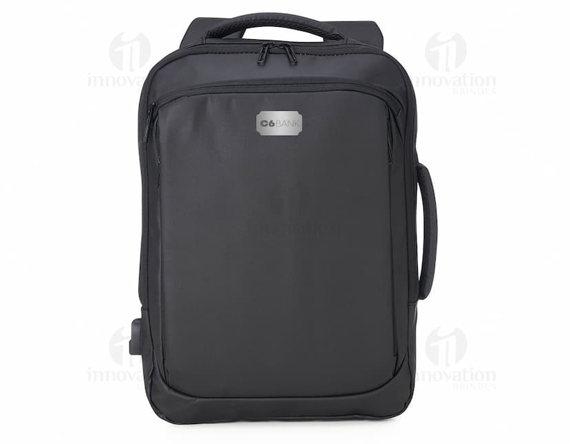 Mochila de couro sintético para notebook de 15,6 polegadas na cor preta, com alça de transporte, zíper, design elegante e moderno, ideal para viagens de negócios e passeios.