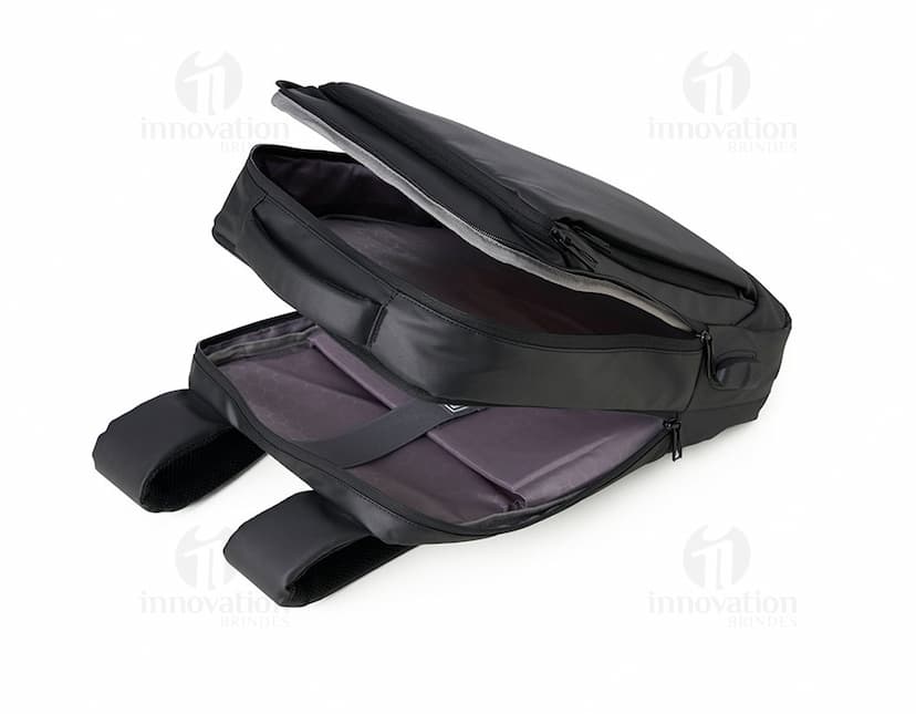 Mochila de couro sintético para notebook de 15,6 polegadas na cor preta, com alça de transporte, zíper, design elegante e moderno, ideal para viagens de negócios e passeios.