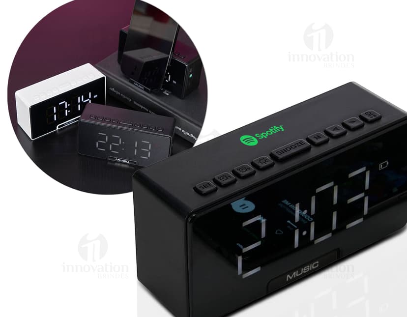 Caixa de som com relógio - Equipamento eletrônico moderno e compacto para escritório ou entretenimento. Controle o som e o tempo com estilo e praticidade!