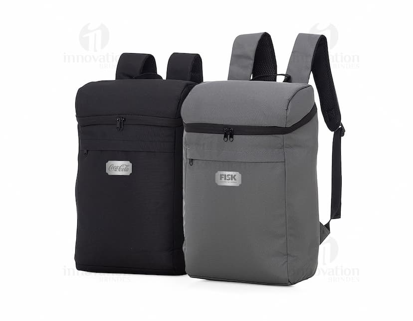 Mochila térmica de poliéster 7L em uma imagem que destaca o design moderno e elegante do produto na cor preta e marrom. A mochila possui alças e zíper, ideal para viagens e atividades ao ar livre, proporcionando praticidade e estilo.