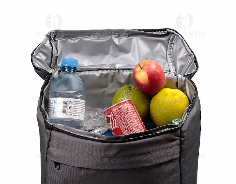 Mochila térmica de poliéster 7L em uma imagem que destaca o design moderno e elegante do produto na cor preta e marrom. A mochila possui alças e zíper, ideal para viagens e atividades ao ar livre, proporcionando praticidade e estilo.