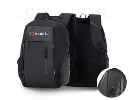 Synthetic leather laptop backpack, perfect for business or leisure travel. Modern and spacious, with a padded compartment to