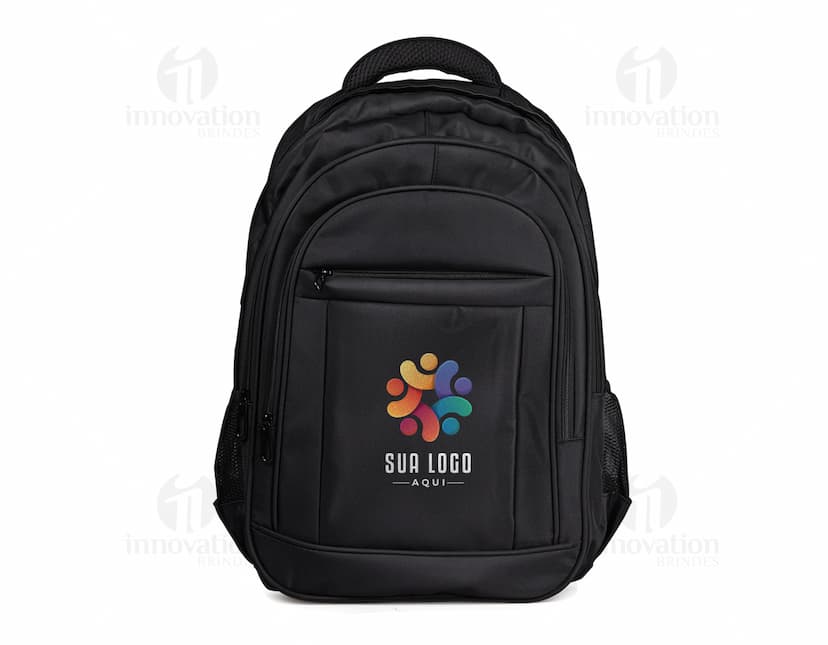 Mochila notebook 18" compartimento de couro preto para viagens com alças e zíper.