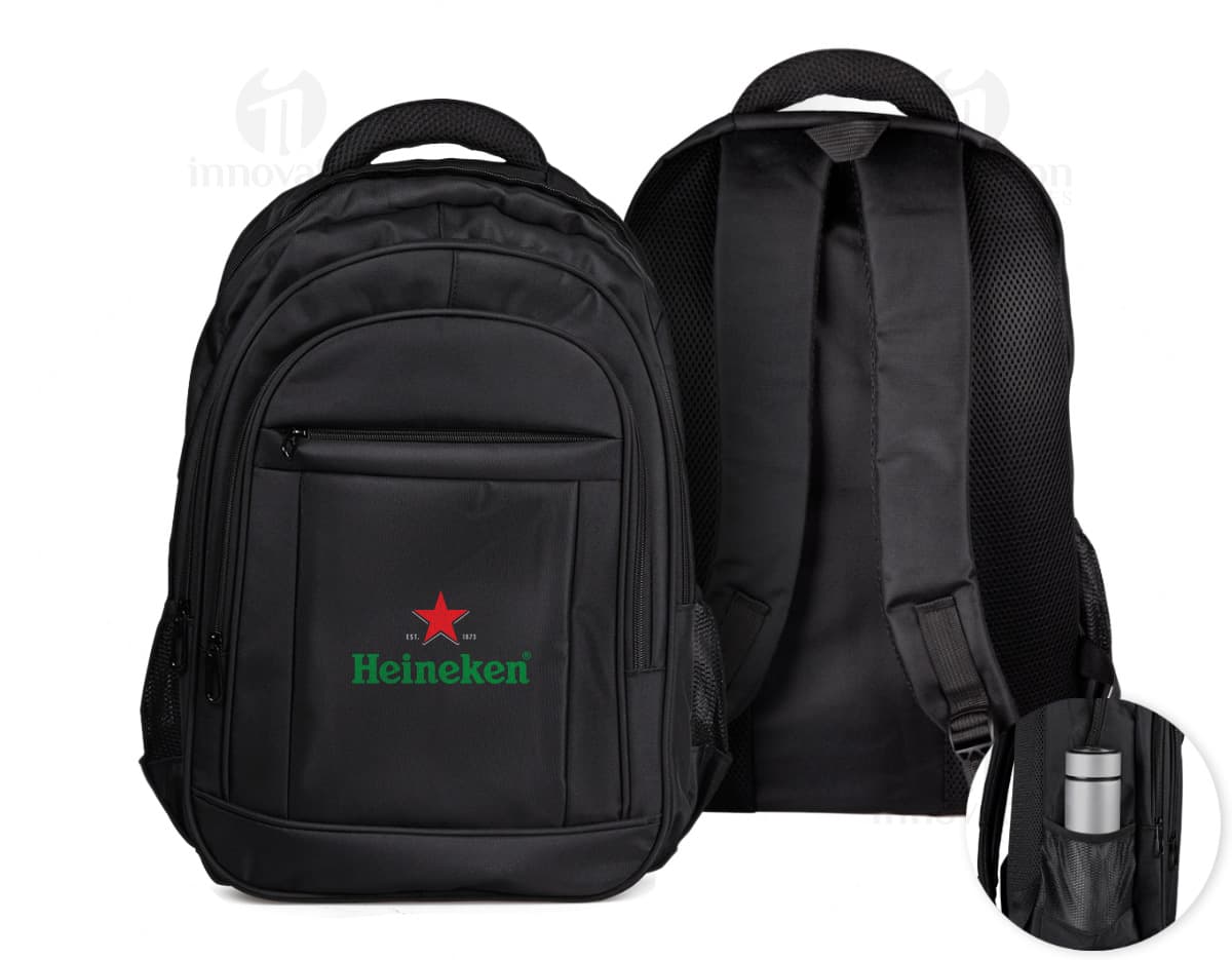 Mochila notebook 18" compartimento de couro preto para viagens com alças e zíper.