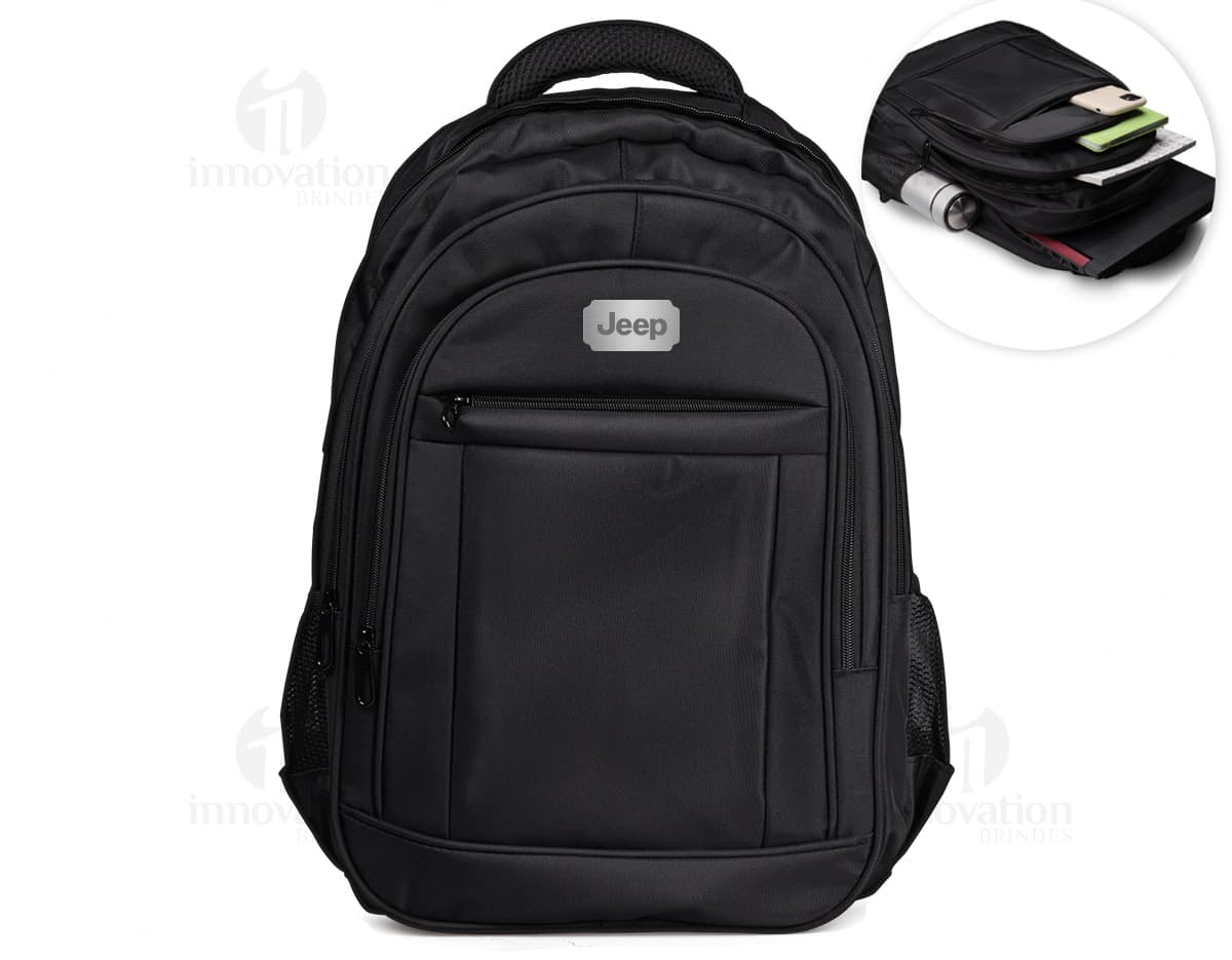Mochila notebook 18" compartimento de couro preto para viagens com alças e zíper.