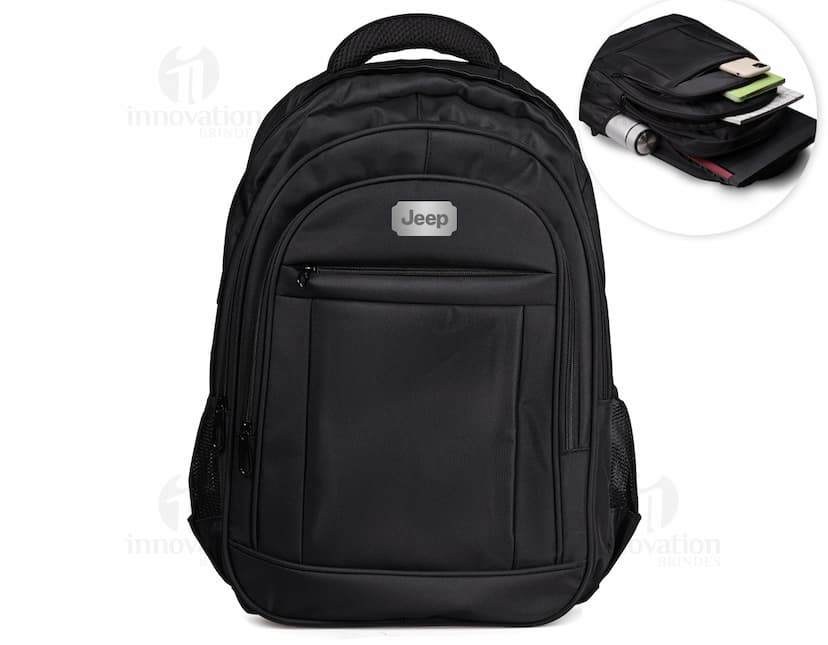 Mochila notebook 18" compartimento de couro preto para viagens com alças e zíper.