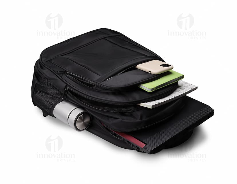 Mochila notebook 18" compartimento de couro preto para viagens com alças e zíper.
