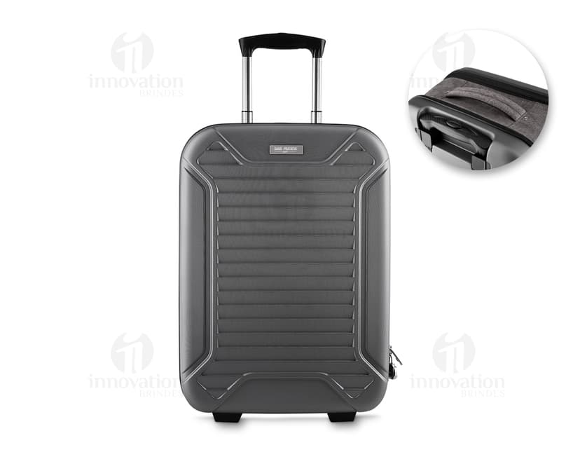 Mala de viagem pequena de tecido lateral em ABS, preta e moderna. Contém equipamentos eletrônicos e de áudio no interior, com design vintage e fecho de metal. Ideal para viagens de negócios ou lazer.
