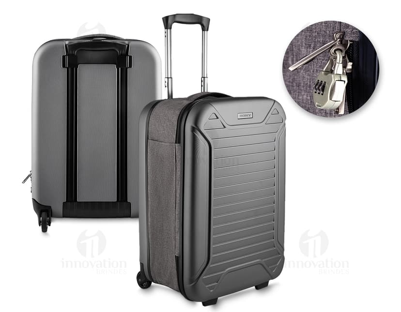 Mala de viagem pequena de tecido lateral em ABS, preta e moderna. Contém equipamentos eletrônicos e de áudio no interior, com design vintage e fecho de metal. Ideal para viagens de negócios ou lazer.