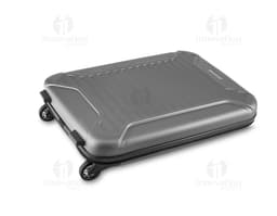 Mala de viagem pequena de tecido lateral em ABS, preta e moderna. Contém equipamentos eletrônicos e de áudio no interior, com