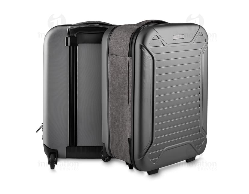 Mala de viagem pequena de tecido lateral em ABS, preta e moderna. Contém equipamentos eletrônicos e de áudio no interior, com design vintage e fecho de metal. Ideal para viagens de negócios ou lazer.