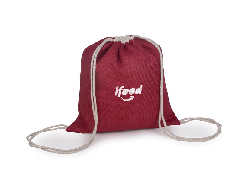 Sacola Mochila Marrom de Brindes - Ideal para presentear! Feita de burlap com fita dourada, perfeita para transportar comida e objetos de forma prática e estilosa. Uma opção saudável, deliciosa e gourmet para surpreender em datas especiais. Adquira já a sua!