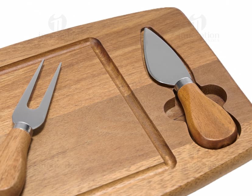 Kit queijo artesanal de 3 peças em madeira retro. Ideal para servir e degustar queijos com estilo vintage. Utensílios handmade e de design exclusivo, perfeito para encontros e ocasiões especiais. Adquira já o seu!
