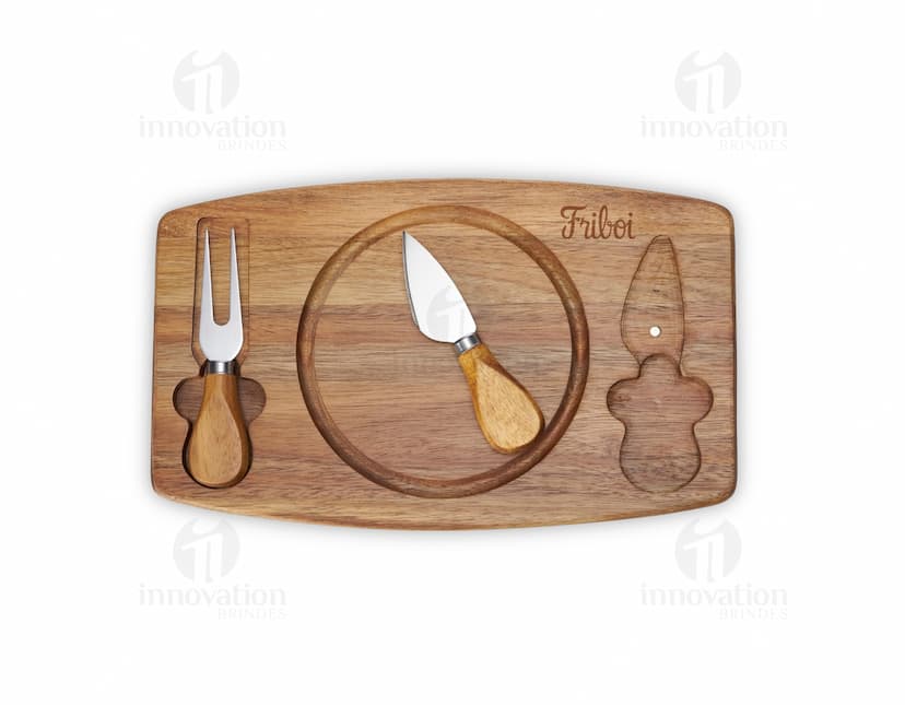 Kit queijo 3 peças em madeira para mesa retrô. Conjunto vintage, ideal para decorar e servir. Utensílios de queijo em wood isolados. Acesse já!