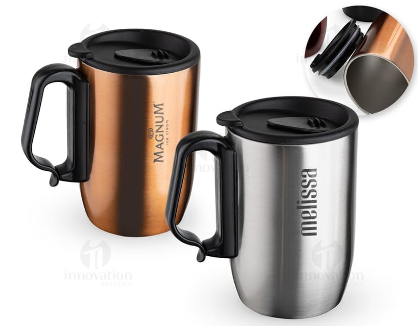 Caneca Inox 400ml - Perfeita para começar o dia com estilo. Desfrute da sua bebida favorita, seja café, chá ou água, nesta elegante caneca de aço inoxidável. Ideal para o café da manhã ou para dar um toque especial à sua pausa. Adquira já a sua!