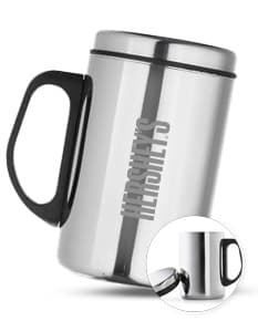 Caneca de inox com capacidade de 350ml em fundo branco.