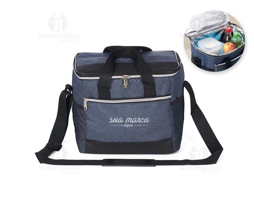 18-liter cooler bag with mesh pockets, perfect for storing food and drinks during trips or outings. Modern and elegant design