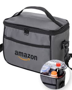 Bolsa térmica de 6 litros com bolsos, alça, gancho, fabricada em material metálico resistente. Ideal para armazenar alimentos e bebidas de forma segura durante viagens ou no trabalho. Cor preta e design moderno.
