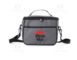 Bolsa térmica de 6 litros com bolsos, alça, gancho, fabricada em material metálico resistente. Ideal para armazenar alimentos