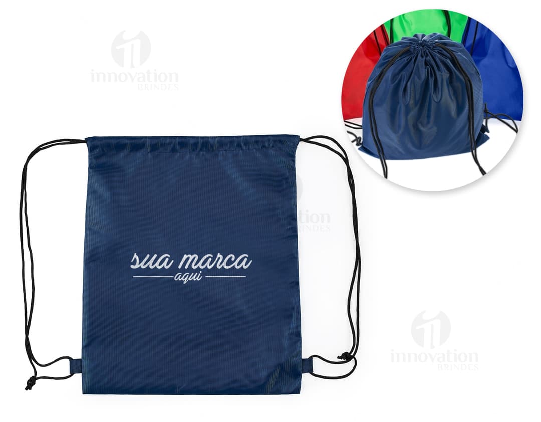 Mochila saco com alças de poliéster preto, com design moderno e estilo artístico. Possui conexão de fio, curvas e formas em