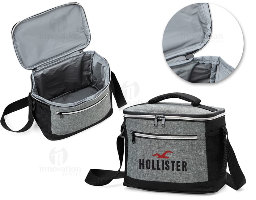 Bolsa térmica de 10 litros com bolsos, em couro na cor preta, com alça e fecho de metal. Ideal para viagens e armazenamento de alimentos e medicamentos. Estilo moderno e elegante, perfeito para negócios e lazer. Acabamento de luxo e bolsos para melhor organização.