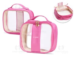 Nécessaire PVC Média preta, moderna e elegante, com fecho de zíper e alça de mão. Feita de couro sintético, possui um design