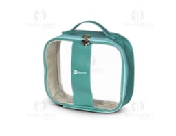 Nécessaire PVC Média preta, moderna e elegante, com fecho de zíper e alça de mão. Feita de couro sintético, possui um design