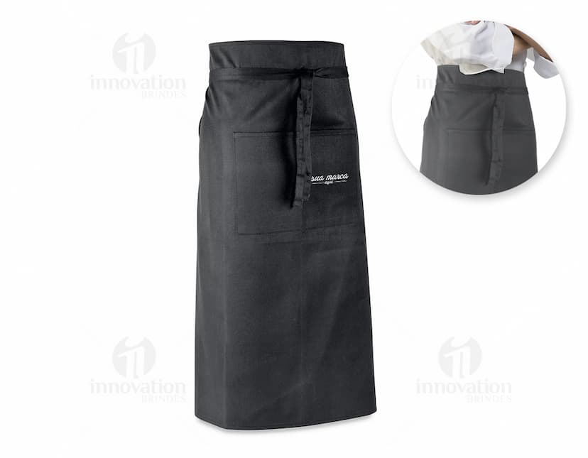 Avental de algodão poliéster preto, elegante e moderno, com bolsos e feito de material resistente. Ideal para uso casual ou no trabalho, proporcionando estilo e proteção.