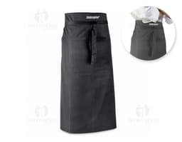 Avental de algodão poliéster preto, elegante e moderno, com bolsos e feito de material resistente. Ideal para uso casual ou