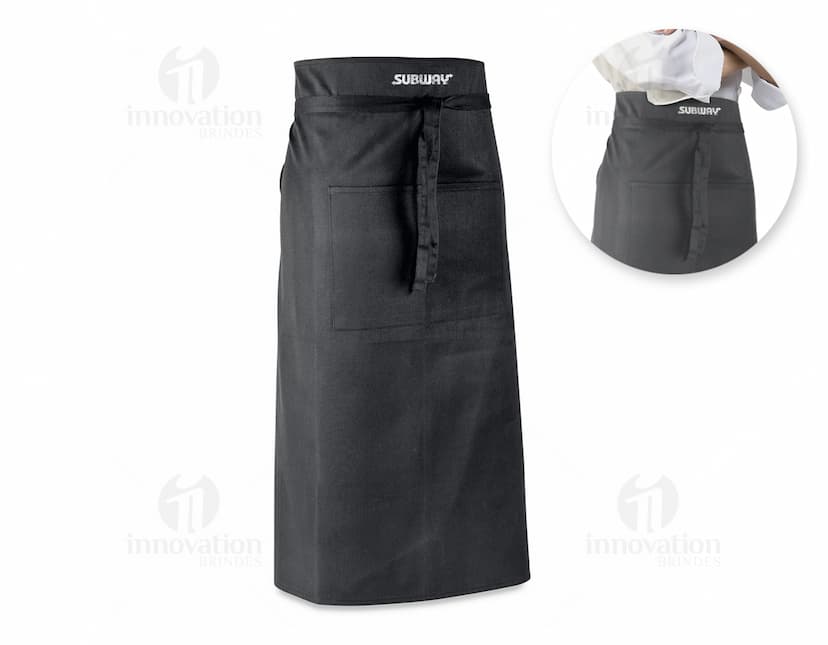 Avental de algodão poliéster preto, elegante e moderno, com bolsos e feito de material resistente. Ideal para uso casual ou no trabalho, proporcionando estilo e proteção.