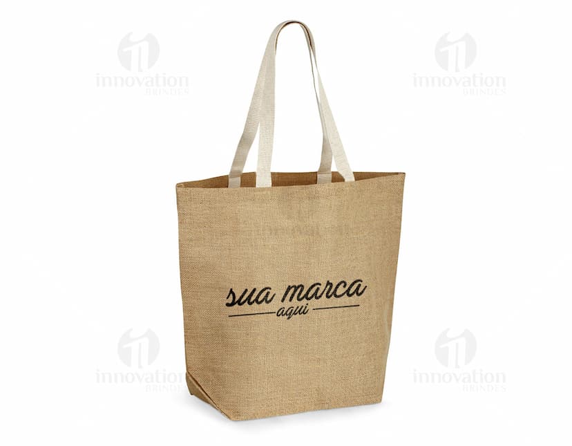 Sacola de juta marrom vazia para compras, com alças de couro. Ideal para presentes e compras no mercado. Estilo elegante e resistente. Compre já!