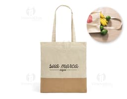 Sacola de algodão 160g com detalhes em juta, ideal para compras e presente. Produto seguro, com fecho de segurança e espaço