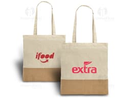Sacola de algodão 160g com detalhes em juta, ideal para compras e presente. Produto seguro, com fecho de segurança e espaço
